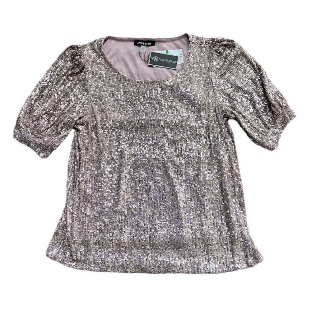 Cable & Gauge Rose Gold Sequin Blouse NWT Roseyember Puff Sleeve Party Top Large